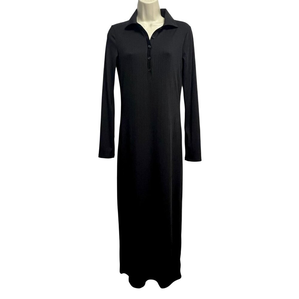 H&M Black Ribbed Maxi Dress Size Small Button Front Collared‎ L/S Minimalist